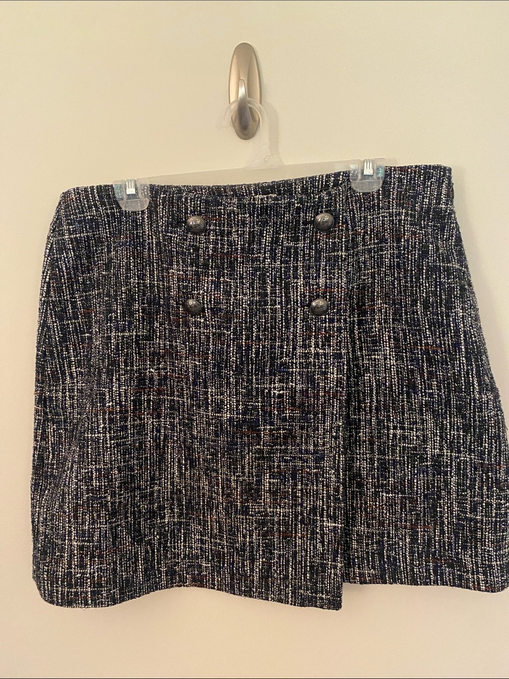 LOFT Black and White Tweed Mini Skirt with Button Front